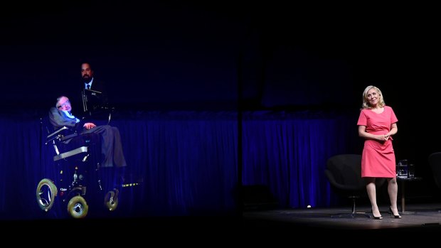 Stephen Hawking appears via hologram at the Sydney Opera House with his daughter Lucy in April of this year.