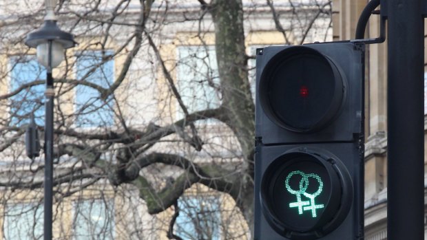 One of the LGBTI pedestrian lights at Trafalgar Square, London. 