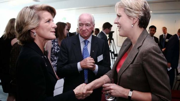 Foreign Affairs Minister Julie Bishop greets Deputy Opposition Leader Tanya Plibersek, who wants to bring a bill on same-sex marriage before parliament if Coalitoin MPs are allowed a conscience vote. Ms Bishop is the target of a campaign to get 70 Coalition ministers to change their minds on the issue.