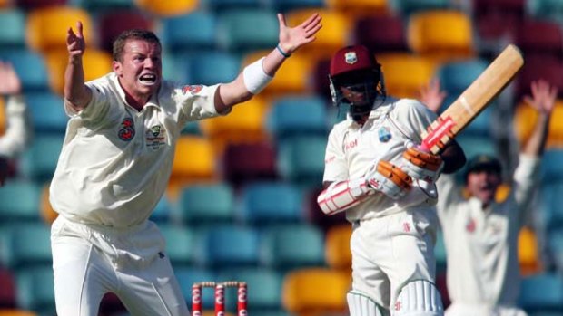 Birthday celebration ... a fired-up Peter Siddle successfully appeals for the prized wicket of Shivnarine Chanderpaul, who fell lbw for two at the Gabba yesterday.
