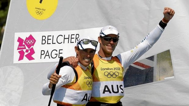 Snubbed by Nine ... Australia's Mathew Belcher and Malcolm Page celebrate as they cross the finish line to win gold.