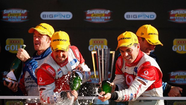 Pro-am ... Jamie Whincup and Craig Lowndes, who could be split up for the Gold Coast SuperCarnivale, celebrate their 2008 Bathurst 1000 win.