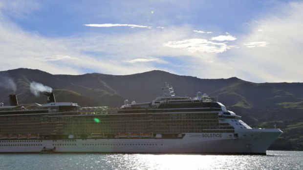 Celebrity Solstice at Akaroa in New Zealand's South Island.