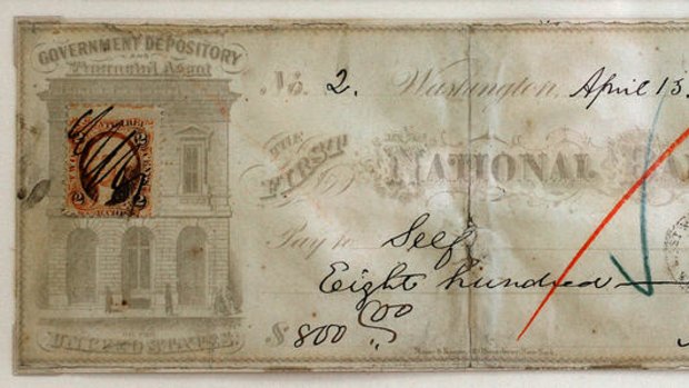 Cheque written by President Abraham Lincoln to himself for $800, one day before he was assassinated.