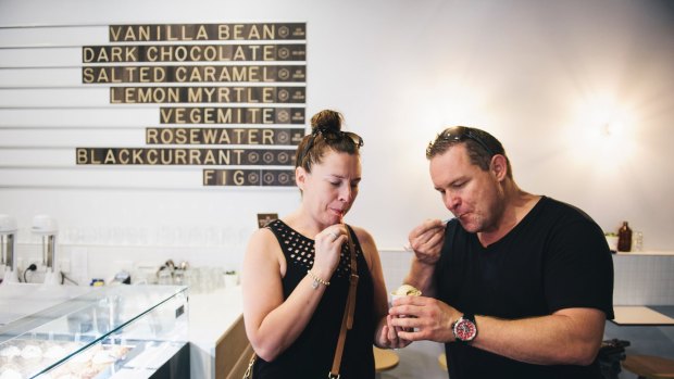  Kate Alston and Danny Suggate of Braddon taste the Vegemite ice cream at the Frugii Dessert Laboratory in Braddon. 