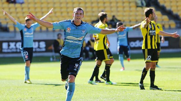 Sky's the limit: Sydney's Sebastian Ryall celebrates his goal against Wellington.