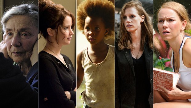 The nominees for best actress: Emmanuelle Riva, Jennifer Lawrence, Quvenzhane Wallis, Jessica Chastain and Naomi Watts.