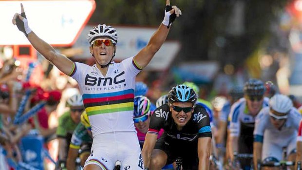 Tight finish: Reigning world champion Philippe Gilbert pips Edvald Boasson Hagen to win stage 12.