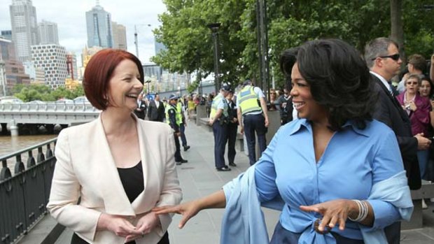 American TV host Oprah Winfrey with Julia Gillard in Melbourne (or 'Galah'd' as Oprah pronounced it).