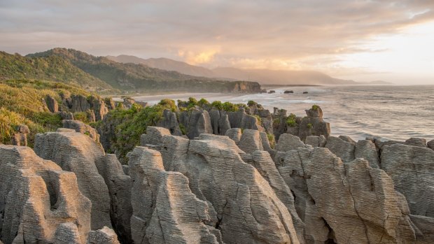 Sunset at Pancake Rocks, South Island, New Zealand.