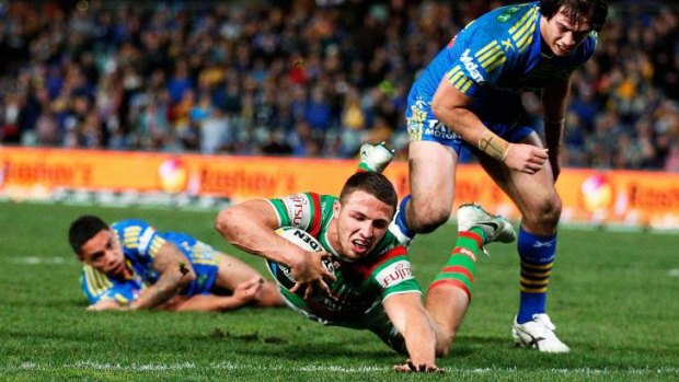 Ultimate League champion: Sam Burgess crashes over for South Sydney.