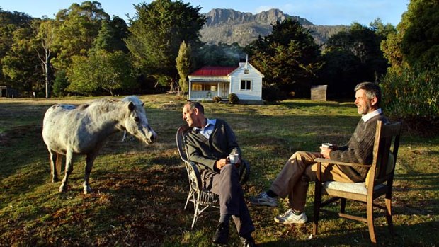 Home on the range ... Bob Brown and Paul Thomas at their cottage in Liffey, south of Launceston, in March this year.