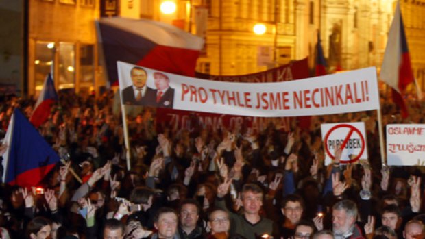 Czechs march through Prague to Narodni Street, the epicentre of the Velvet Revolution.