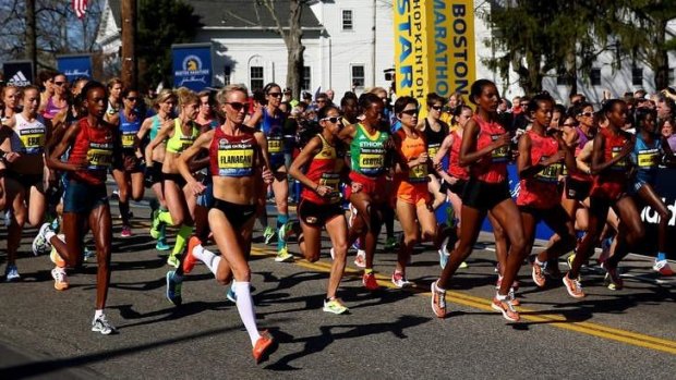Elite Women's runners at the Boston Marathon.