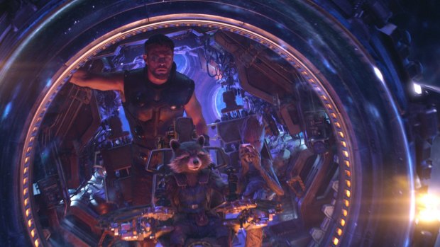 From left, Thor (Chris Hemsworth), Rocket (voiced by Bradley Cooper) and Groot (voiced by Vin Diesel) in Avengers: Infinity War. 