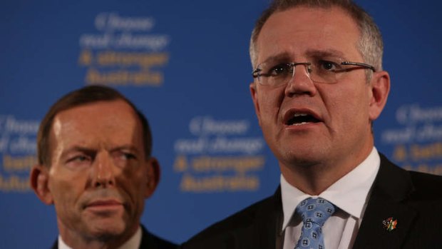 Coalition immigration spokesman Scott Morrison at a press conference earlier this week with Opposition Leader Tony Abbott.