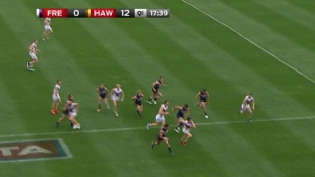 Fremantle's Nat Fyfe (left) swings his arm into Hawthorn's Jordan Lewis.