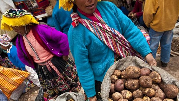 Sacred Valley ... produce at a market in Cusco; potatoes are varied.