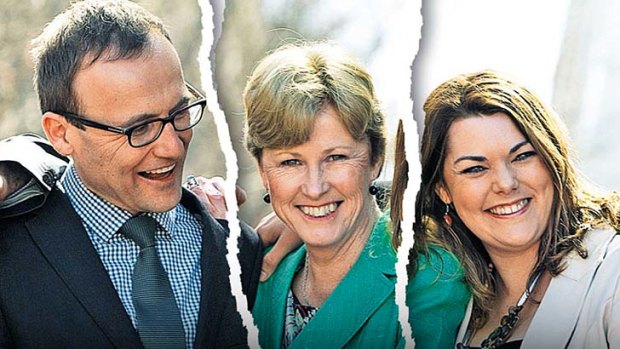 Torn loyalties: Greens MP Adam Bandt, party leader Christine Milne and senator Sarah Hanson-Young.