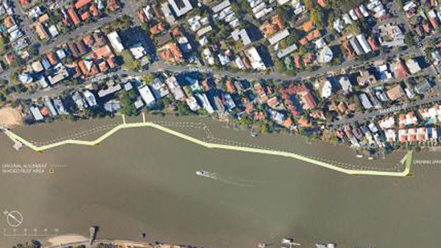 The new Riverwalk will jut out into the Brisbane River slightly more than the original floating structure did.