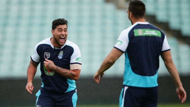 Andrew Fifita sharing a laugh with Blues engine-room comrade James Tamou.