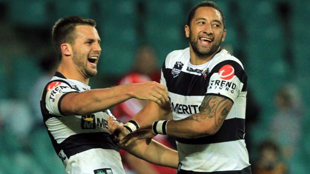 Singing in tune &#8230; Benji Marshall and Beau Ryan celebrate Marshall's try against St George Illawarra on Friday night.
