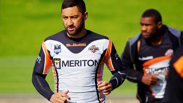 The entertainer &#8230; Benji Marshall at Wests Tigers training at Concord Oval yesterday, will go up against Canterbury and the in-form Ben Barba on Friday.