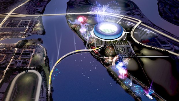 An artists impression of the foot bridge and stadium at night . <i>Courtesy of the Department of Transport</i>