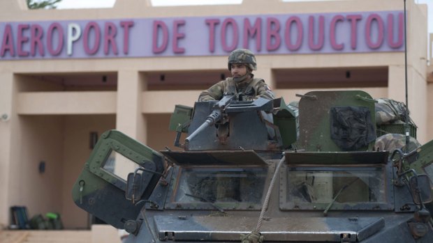 A French Army vehicle at the Timbuktu airport, after French-backed Malian forces siezed the city.