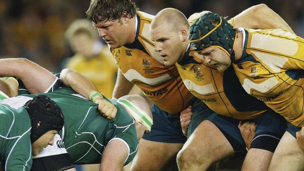 No place to hide: A young Stephen Moore prepares to pack down at hooker for the Wallabies against Ireland back in 2008. They meet again on Saturday.