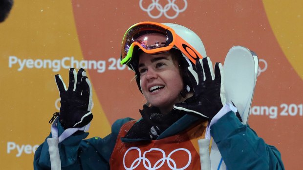 Britteny Cox after her final run in the women's moguls at the 2018 Winter Olympics in PyeongChang on Sunday.