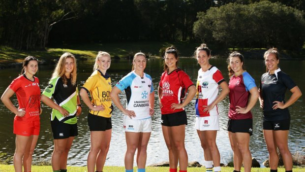 Player representatives from all teams pose during the AON Women's University Sevens Launch on Thursday. 
