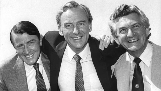 Labor trio ... then NSW Premier Neville Wran, the Opposition Leader Bill Hayden and Bob Hawke in 1980.