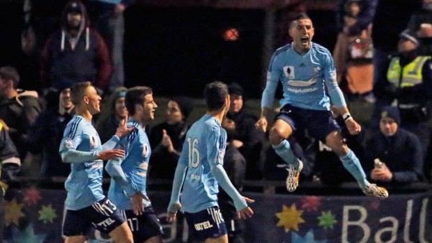 Ali Abbas celebrates after scoring a goal against Melbourne City on Tuesday.