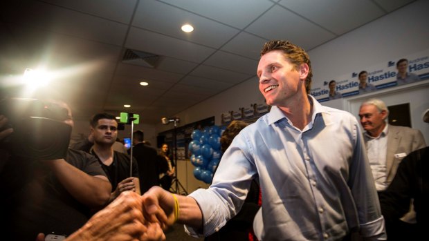 Andrew Hastie accepts congratulations for his Canning byelection win.