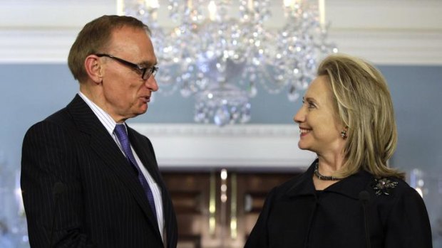 Where Rudd left off ... US Secretary of State Hillary Clinton shakes hands with the Minister for Foreign Affairs, Bob Carr, after their meeting in Washington, DC.