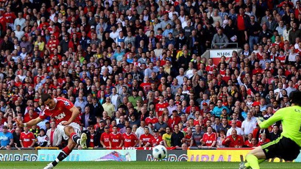Mexican wave ... Javier Hernandez opens the scoring for Manchester United against Chelsea at Old Trafford on Sunday. The goal, scored in the opening minute, put the Red Devils on the way to a 2-1 win which puts the EPL trophy firmly within the club's reach.