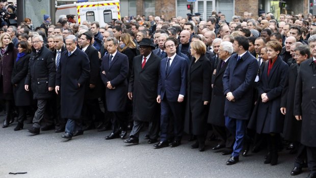 Finally at the front: Nicolas Sarkozy at the front of the march with world leaders. 