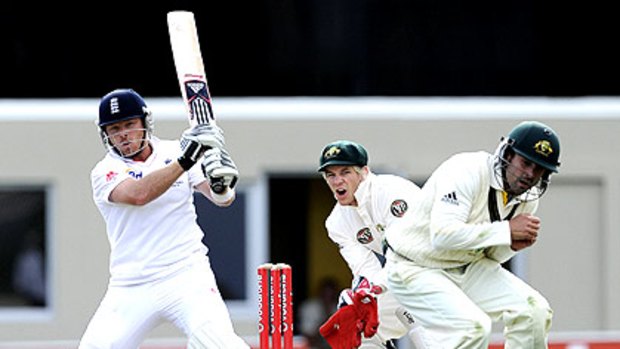 England's Ian Bell cracks one through mid-wicket on his way to a century yesterday.