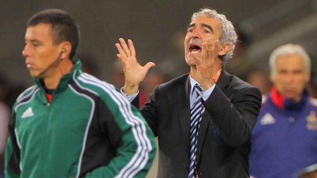 All went wrong ...  Raymond Domenech shows his frustration after France failed to break down Uruguay in their first match at the World Cup.