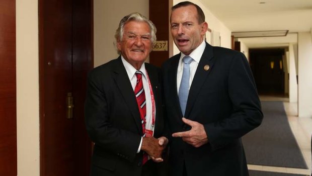 Familiar faces: Bob Hawke leaves after a private meeting with Tony Abbott at the Bo'ao business forum on Thursday.