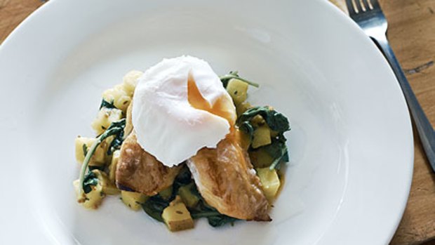 Smoked haddock with a poached duck egg and spiced potatoes.