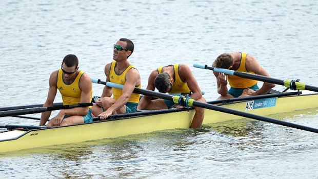 Todd Skipworth, left, after the Australian men's fours finished fourth in the final at the London Olympics.