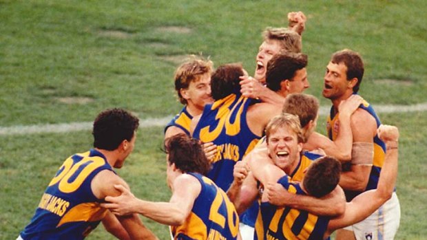 West Coast Eagles players celebrate their crushing victory over Geelong in the 1994 grand final.