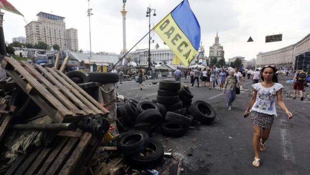 A barricade erected by protesters in Independence Square in central Kiev.
