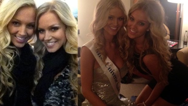 (Left) Rachel and Renae in Las Vegas after the Miss Universe finale and (right) the sisters pose together, with Renae wearing her Miss Australia sash.
