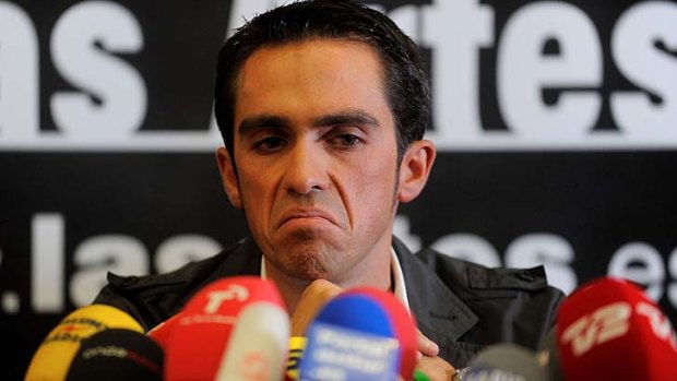 Spain's Alberto Contador speaks to the media on February 7, 2012, a day after the court of arbitration for sport handed him a two-year ban and stripped him of his 2010 Tour de France title following a positive test for clenbuterol.