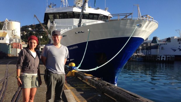 Australian scientists Dr Nat Schmitt and Dr Mike Double in front of the research vessel in Wellington allowing them to study blue and humpback whales throughout the Southern Ocean. 