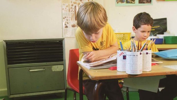 At risk ... year one students Oliver Elliot and Michael Read near an unflued gas heater at Balmain Public School.