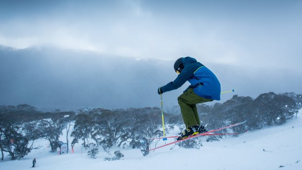 A skier at Thredbo gets some elevation on Saturday.